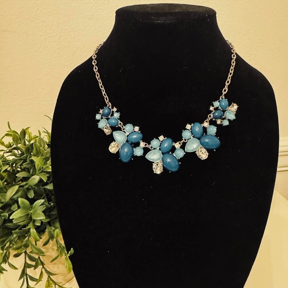 Blue Cabochon & Rhinestone Cluster Flower Statement Necklace
